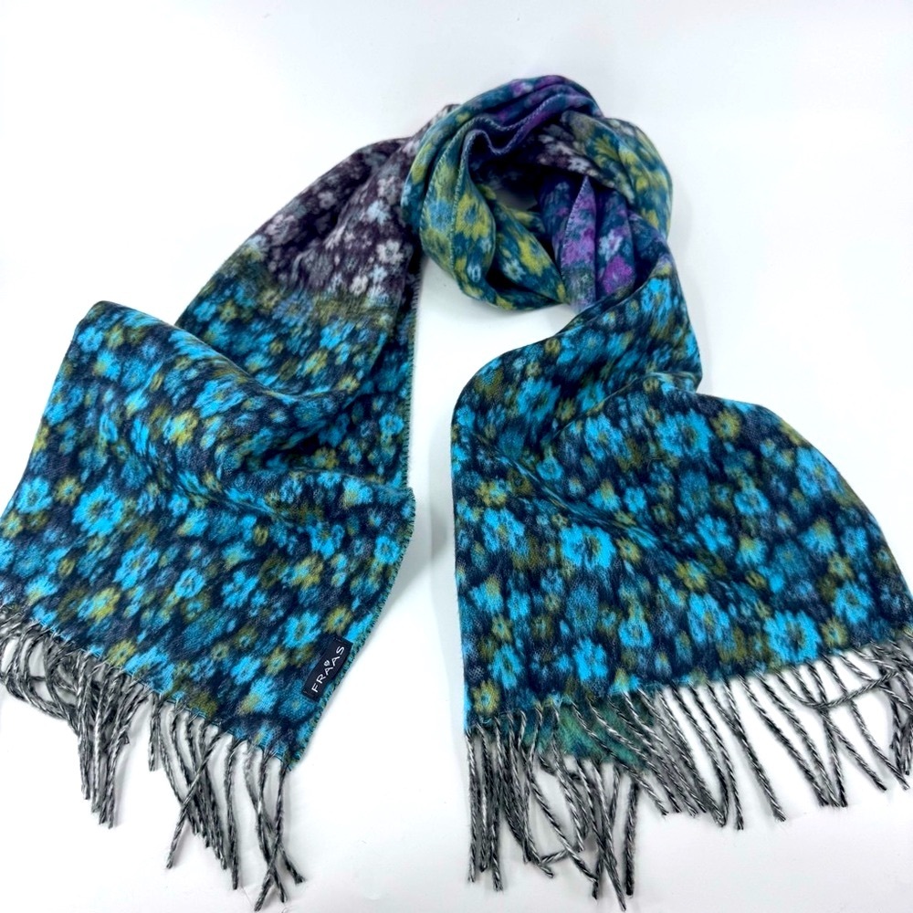 Fraas Blue and Gray Scarf with Fringe Details‎